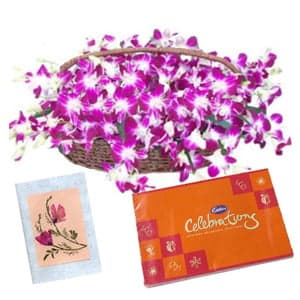 12 Purple Orchids Basket with Chocolates